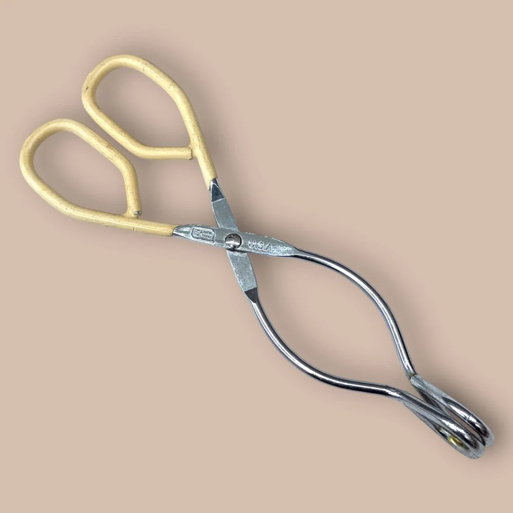 Vintage‎ EKCO USA Kitchen Tongs Set of 3 Metal Scissor Style Tongs Silver Cream